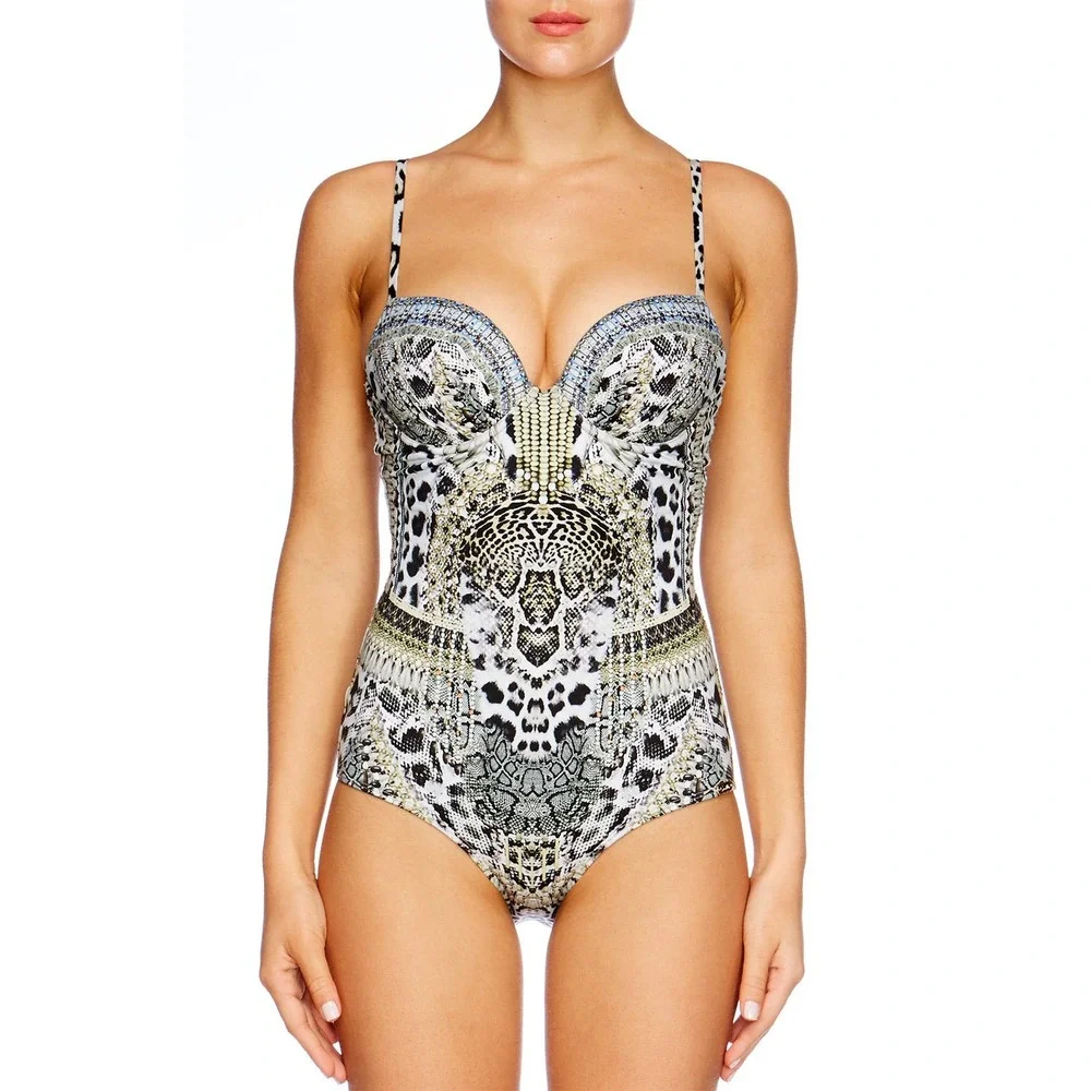 Camilla Moulded Plunge Animal Print Crystal One-Piece Swimsuit US 6